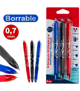 Tradineur - Pack de 3 bolígrafos borrables de colores, punta retráctil de 0,7 mm y grip de goma, escritura suave y precisa, uso escolar, oficinas