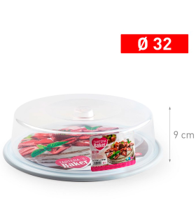 Tradineur - Tartera redonda de plástico, tapa transparente, recipiente para transportar tartas, postres, alimentos, fabricada en España (Base blanca, Ø 32 cm)