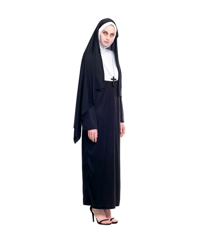 Tradineur - Disfraz de monja maldita para mujer, fibra sintética, incluye túnica, cruz y cofia, religiosa, carnaval, Halloween, cosplay (Adulto, Talla S)