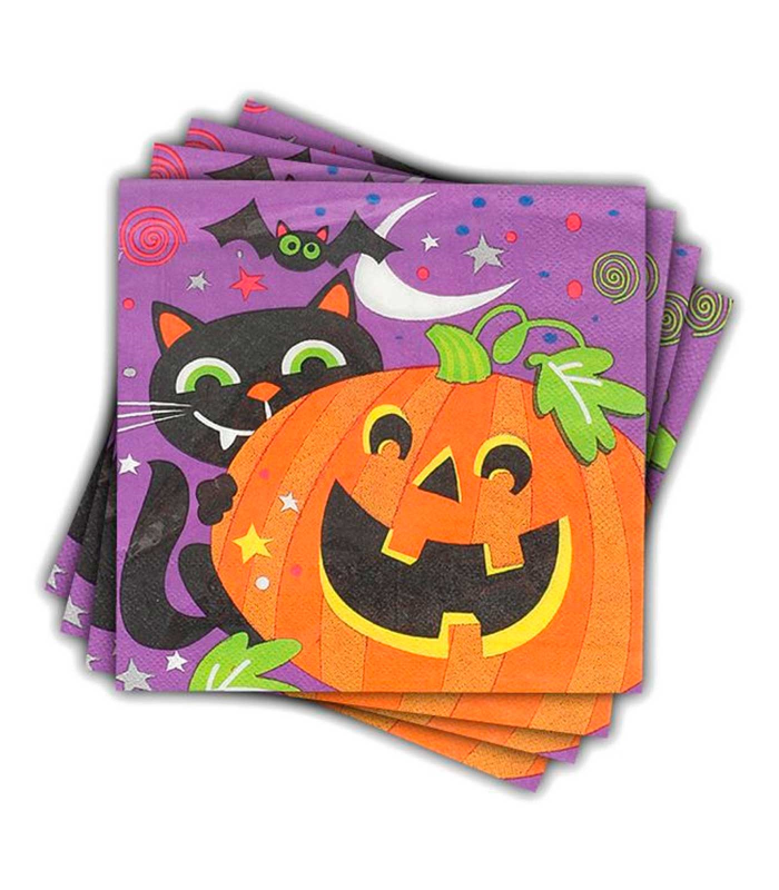 Tradineur - Pack de 12 servilletas desechables de Halloween - Diseño con Gato, Murciélago y calabaza - Accesorio para mesa - 16,5 x 16,5 cm