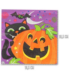 Tradineur - Pack de 12 servilletas desechables de Halloween - Diseño con Gato, Murciélago y calabaza - Accesorio para mesa - 16,5 x 16,5 cm