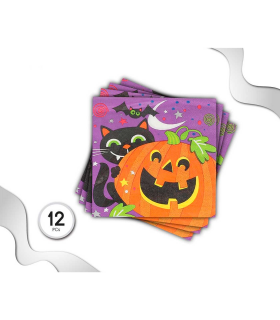 Tradineur - Pack de 12 servilletas desechables de Halloween - Diseño con Gato, Murciélago y calabaza - Accesorio para mesa - 16,5 x 16,5 cm