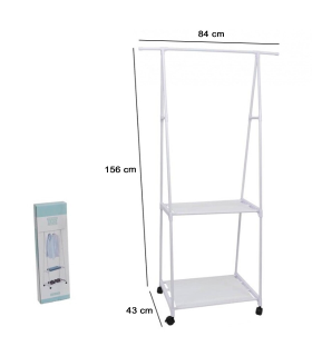 Tradineur - Perchero de metal con ruedas, barra y 2 estantes de tela, organizador de ropa, fácil montaje, recibidor, dormitorio, pasillo (Blanco, 156 x 84 x 43 cm)