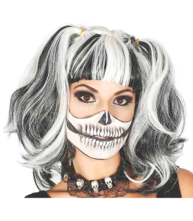 Tradineur - Peluca corta de bruja con coletas - Fabricado en Fibra sintética - Complementos de disfraces para carnaval, halloween u otras celebraciones - Color blanco y negro.