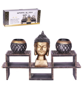 Tradineur - Portavelas zen con cabeza de Buda y 2 velas de té, soporte decorativo, adorno para meditación, relajación, regalo original, 19 x 33 x 8,4 cm