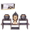 Tradineur - Portavelas zen con cabeza de Buda y 2 velas de té, soporte decorativo, adorno para meditación, relajación, regalo original, 19 x 33 x 8,4 cm