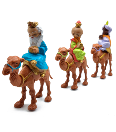 Tradineur - Set de 3 figuras de los reyes a camello para belén - Durexina - Decoración divertida para nacimiento, navidad, tradicional - 8 x 4 x 12,5 cm