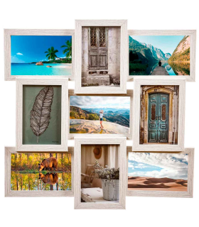 Tradineur - Multimarco de madera para 9 fotos, marco múltiple de pared para fotografías de 14 x 9 cm, portafotos, decoración del hogar, paisajes, recuerdos (Beige, 44 x 44 cm)