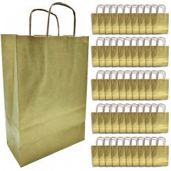 Tradineur - Pack de 50 bolsa Kraft "S" - Ideal para guardar tus regalos, fin de año, año nuevo, Navidad - 24 x 32 cm - Color Oro