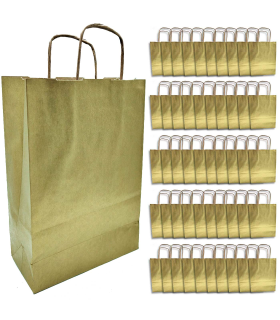 Tradineur - Pack de 50 bolsa Kraft "S" - Ideal para guardar tus regalos de navidad, fin de años o año nuevo - 24 x 32 cm - Color Oro