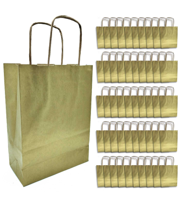 Tradineur - Pack de 50 bolsa Kraft "XS" - Ideal para guardar tus regalos de navidad, fin de años o año nuevo - 18 x 24 cm - Color Oro