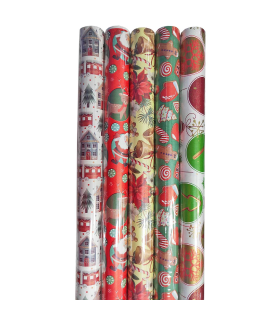 Tradineur - Pack de 5 rollos de papel de regalo, modelo Navidad 16002, láminas, hojas para envolver regalos, cumpleaños, Navidad, 70 x 200 cm, diseños surtidos