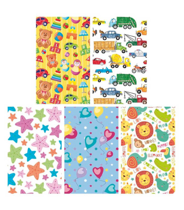 Tradineur - Pack de 5 rollos de papel de regalo, modelo Infantil, láminas, hojas para envolver regalos, cumpleaños, Navidad, 70 x 200 cm, diseños surtidos