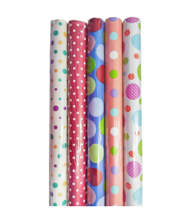 Tradineur - Pack de 5 rollos de papel de regalo, modelo Lunares, láminas, hojas para envolver regalos, cumpleaños, Navidad, 70 x 200 cm, diseños surtidos