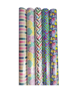 Tradineur - Pack de 5 rollos de papel de regalo, modelo Patrones, láminas, hojas para envolver regalos, cumpleaños, Navidad, 70 x 200 cm, diseños surtidos