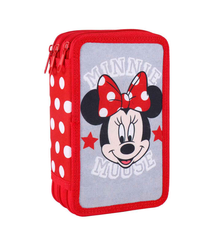 Tradineur- Plumier de Minnie Mouse, ideal para la escuela, de color gris, con 44 piezas entre boligrafos, rotuladores, lapices, regla.... Estuche Minnie Licencia Oficial Disney