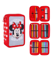 Tradineur- Plumier de Minnie Mouse, ideal para la escuela, de color gris, con 44 piezas entre boligrafos, rotuladores, lapices, regla.... Estuche Minnie Licencia Oficial Disney