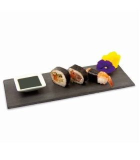 Tradineur - Plato de Pizarra Rectangular, Bandeja para hosteleria, servicio y degustación, Canto rústico, Tabla de Piedra Natural para Servir Aperitivos - 20 x 13 cm