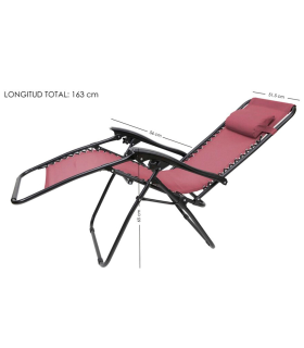 Tradineur - Tumbona plegable con reposabrazos, incluye cojín reposacabezas, silla con respaldo regulable, multiposición, metal y tela, cómoda, máx. 110 kg, camping (Granate, 163 x 65 x 51,5 cm)