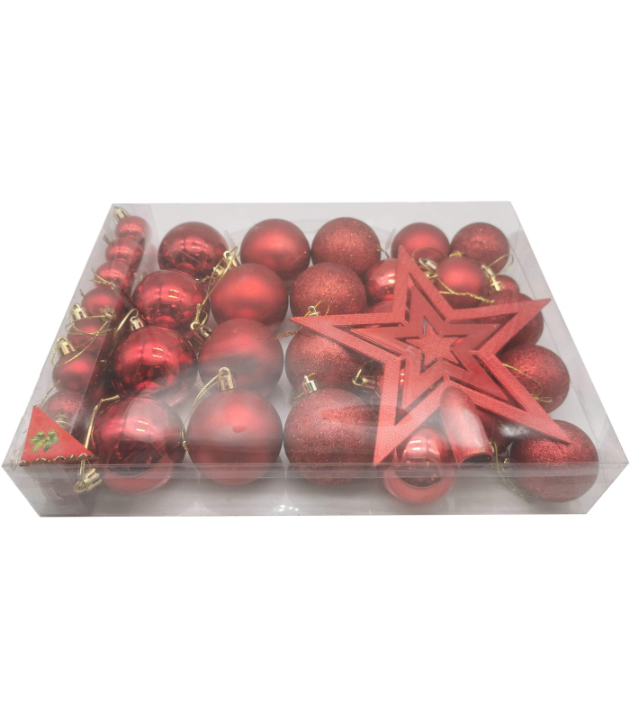 Tradineur - Set de 42 bolas de navidad de color rojo con tamaños y diseños surtidos y 1 estrella en rojo, ideal para completar el arbol navideño. Set para decoracion navideña.