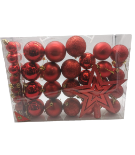 Tradineur - Set de 42 bolas de navidad de color rojo con tamaños y diseños surtidos y 1 estrella en rojo, ideal para completar el arbol navideño. Set para decoracion navideña.