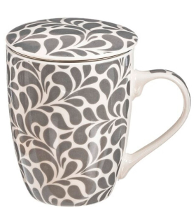 Tradineur - Taza para té, infusiones, incluye filtro y tapa, cerámica y acero inoxidable, mantiene caliente la infusión, regalo original (Modelo "Floral Gris", 300 ml, diseño aleatorio)