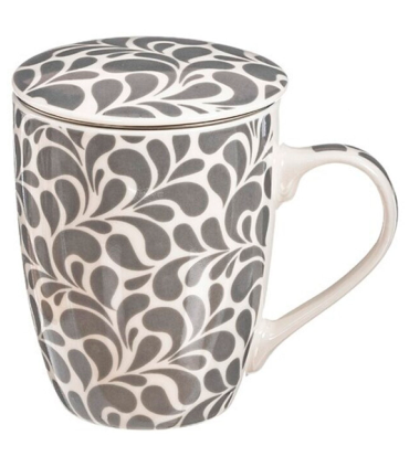 Tradineur - Taza para té, infusiones, incluye filtro y tapa, cerámica y acero inoxidable, mantiene caliente la infusión, regalo original (Modelo "Floral Gris", 300 ml, diseño aleatorio)