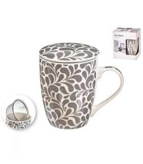 Tradineur - Taza para té, infusiones, incluye filtro y tapa, cerámica y acero inoxidable, mantiene caliente la infusión, regalo original (Modelo "Floral Gris", 300 ml, diseño aleatorio)