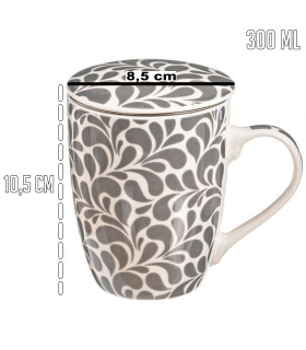 Tradineur - Taza para té, infusiones, incluye filtro y tapa, cerámica y acero inoxidable, mantiene caliente la infusión, regalo original (Modelo "Floral Gris", 300 ml, diseño aleatorio)