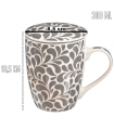 Tradineur - Taza para té, infusiones, incluye filtro y tapa, cerámica y acero inoxidable, mantiene caliente la infusión, regalo original (Modelo "Floral Gris", 300 ml, diseño aleatorio)