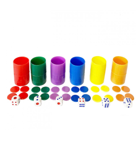 Set completo de 6 cubiletes de plástico, parchis, juego de mesa, multicolor, fichas, dados, cubiletes dimensiones 4.5 x 2.5 cm.