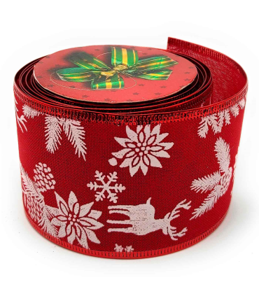 Tradineur - Rollo de cinta de navidad decorada con renos, tela organza, poliéster, decoración árbol Navidad, envolver regalos, manualidades (Rojo mate - 6,3 cm x 2,7 m - Modelo aleatorio)