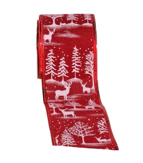 Tradineur - Rollo de cinta de navidad decorada con renos, tela organza, poliéster, decoración árbol Navidad, envolver regalos, manualidades (Rojo mate - 6,3 cm x 2,7 m - Modelo aleatorio)