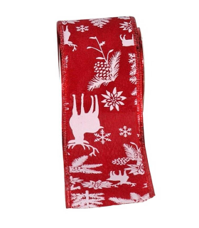 Tradineur - Rollo de cinta de navidad decorada con renos, tela organza, poliéster, decoración árbol Navidad, envolver regalos, manualidades (Rojo mate - 6,3 cm x 2,7 m - Modelo aleatorio)