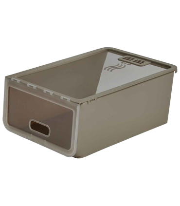 Tradineur - Caja de zapatos - Fabricado en plástico - Ideal para la organización y guardado de calzados - 14 x 23,7 x 34,5 cm - Color Marrón Topo