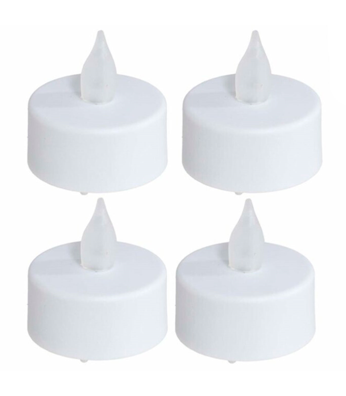 Tradineur - Pack de 4 velas de té LED, tealights con luz, plástico, funcionan con pilas, decoración del hogar, Navidad, fiestas (Blanco - 4 x 4 cm)