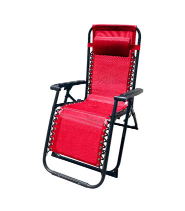 Tradineur - Silla / Tumbona plegable de acero, reclinable, reposacabezas acolchado, tejido resistente. Color rojo. 90 x 66 x 108 cm