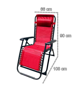 Tradineur - Silla / Tumbona plegable de acero, reclinable, reposacabezas acolchado, tejido resistente. Color rojo. 90 x 66 x 108 cm