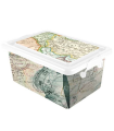 Tradineur - Caja de plástico con tapa y cierres laterales de clip, cajón de almacenaje multiusos, ordenación, objetos, hogar, fabricada en España (Mapa Mundi, 7,5 litros, 32,5 x 23 x 15 cm)