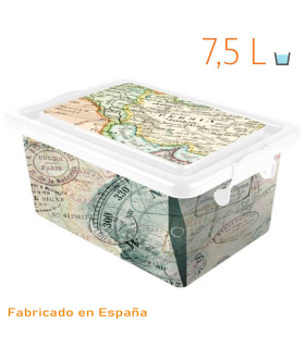 Tradineur - Caja de plástico con tapa y cierres laterales de clip, cajón de almacenaje multiusos, ordenación, objetos, hogar, fabricada en España (Mapa Mundi, 7,5 litros, 32,5 x 23 x 15 cm)