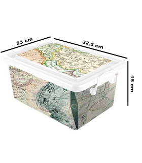 Tradineur - Caja de plástico con tapa y cierres laterales de clip, cajón de almacenaje multiusos, ordenación, objetos, hogar, fabricada en España (Mapa Mundi, 7,5 litros, 32,5 x 23 x 15 cm)