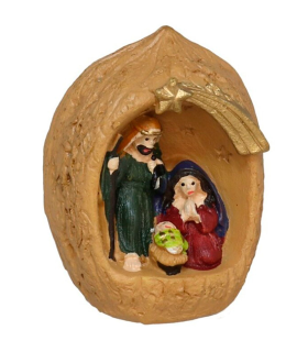 Tradineur - Mini nacimiento en nuez de resina, decoración Navidad, belén, pesebre, figura, adorno de sobremesa, estanterías, hogar, 5 x 7 cm