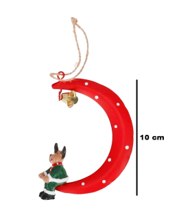 Tradineur - Colgante de luna con campanilla, decoración Navidad, resina y metal, adorno para árbol, chimeneas, hogar, 10 x 8 cm, modelo aleatorio