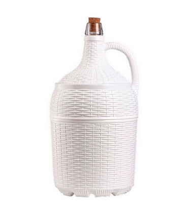 Tradineur - Garrafa de vidrio forrada en plástico, Incluye Tapón de corcho, Capacidad de 5 Litros, Diseño Mimbre, perfecta para servir refrescos, bebidas alcohólicas o incluso agua, Color Blanco