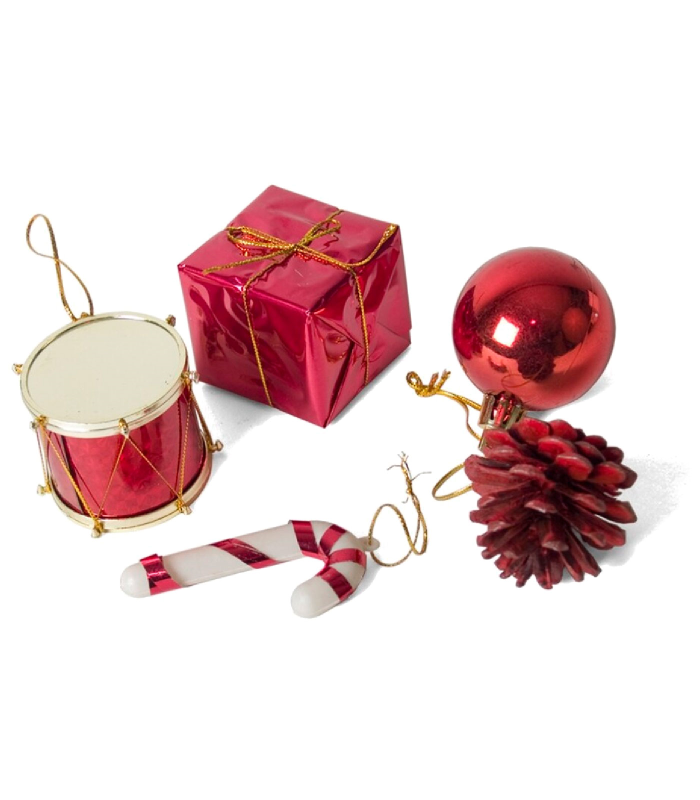 Tradineur - Sets de 20 colgantes para árbol navideño - Fabricado en plástico - Decoración para temporada navideña - Tambor, bolas, bastón, regalos, piña - Color Rojo