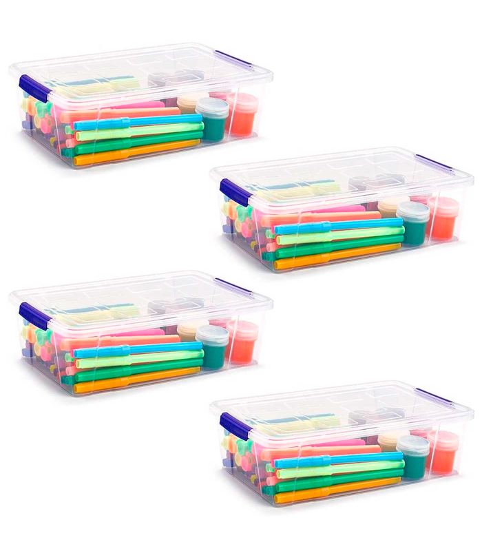 Tradineur - Pack de 4 cajas de almacenaje de plástico transparente, 2 litros, minicajas de ordenación apilables con tapa 7,5 x 25,5 x 16,8 cm, cierre a presión, fabricadas en España