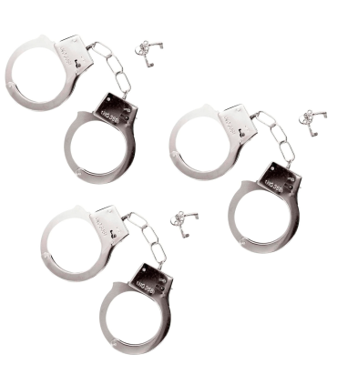 Tradineur - Pack de 3 esposas de metal de juguete, incluyen llaves y botón de seguridad, complemento para disfraces de carnaval, halloween, policía, sheriff