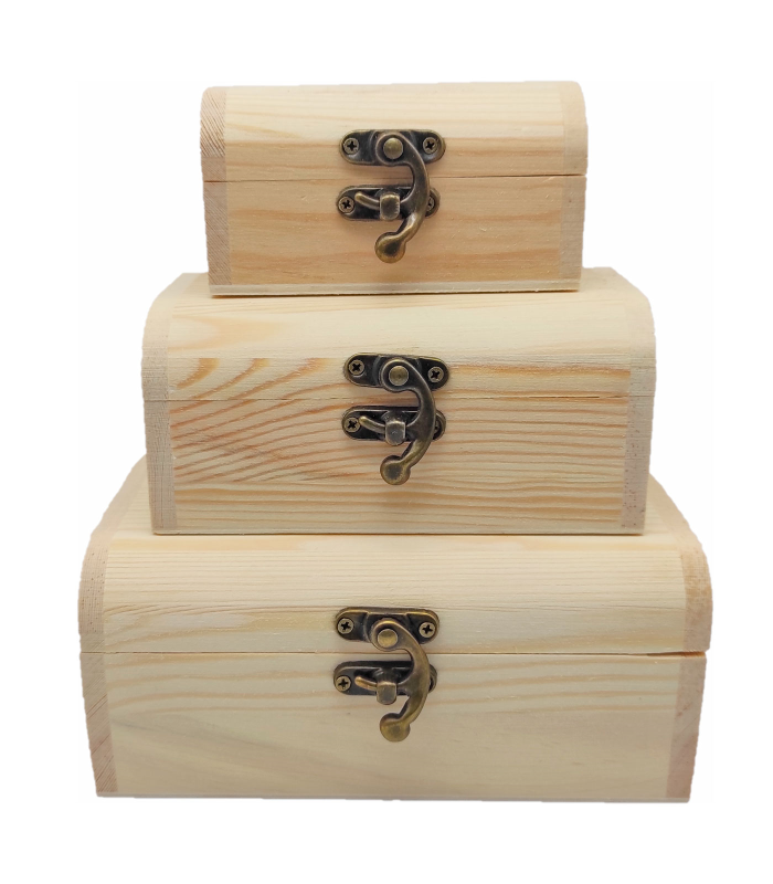 Set de 3 cajas de madera natural, forma de baúl, juego cajas decorativas sin tratar, cierre metálico, almacenaje objetos, joyas, manualidades, hogar. Ref.: UTIAN