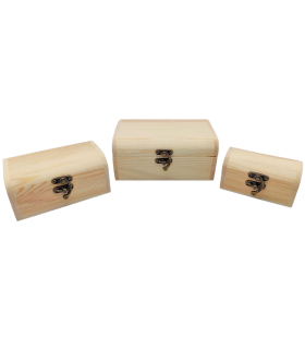 Set de 3 cajas de madera natural, forma de baúl, juego cajas decorativas sin tratar, cierre metálico, almacenaje objetos, joyas, manualidades, hogar. Ref.: UTIAN