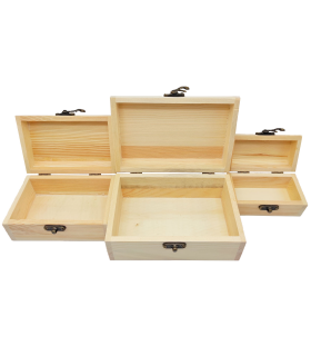 Set de 3 cajas de madera natural, forma de baúl, juego cajas decorativas sin tratar, cierre metálico, almacenaje objetos, joyas, manualidades, hogar. Ref.: UTIAN